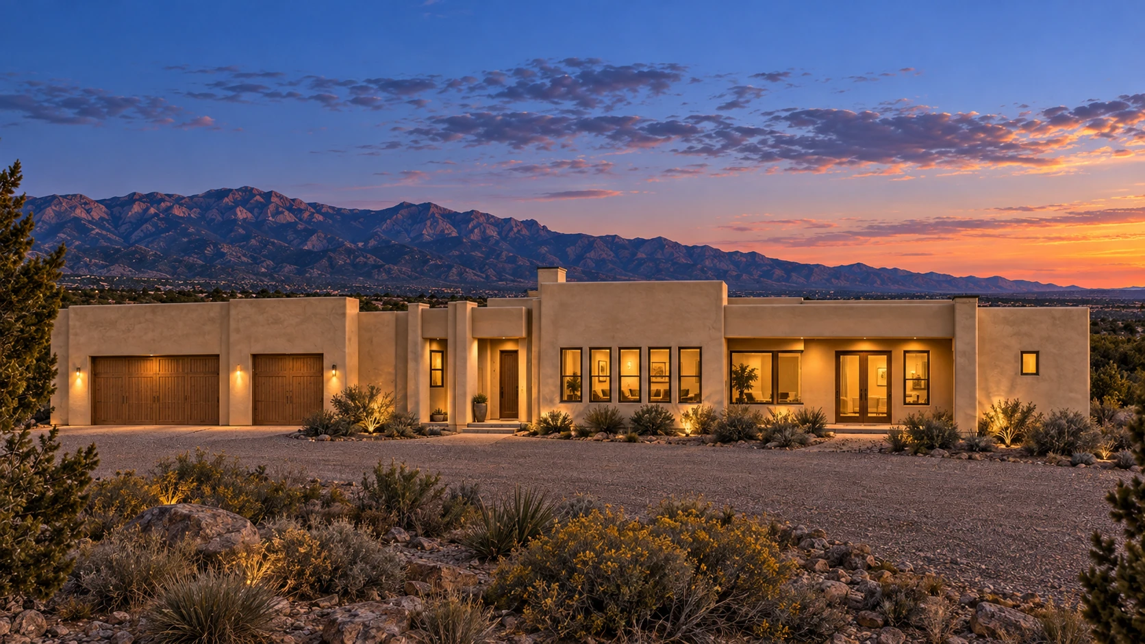 Architectural visualization of The View with angled wings and central windows at sunset