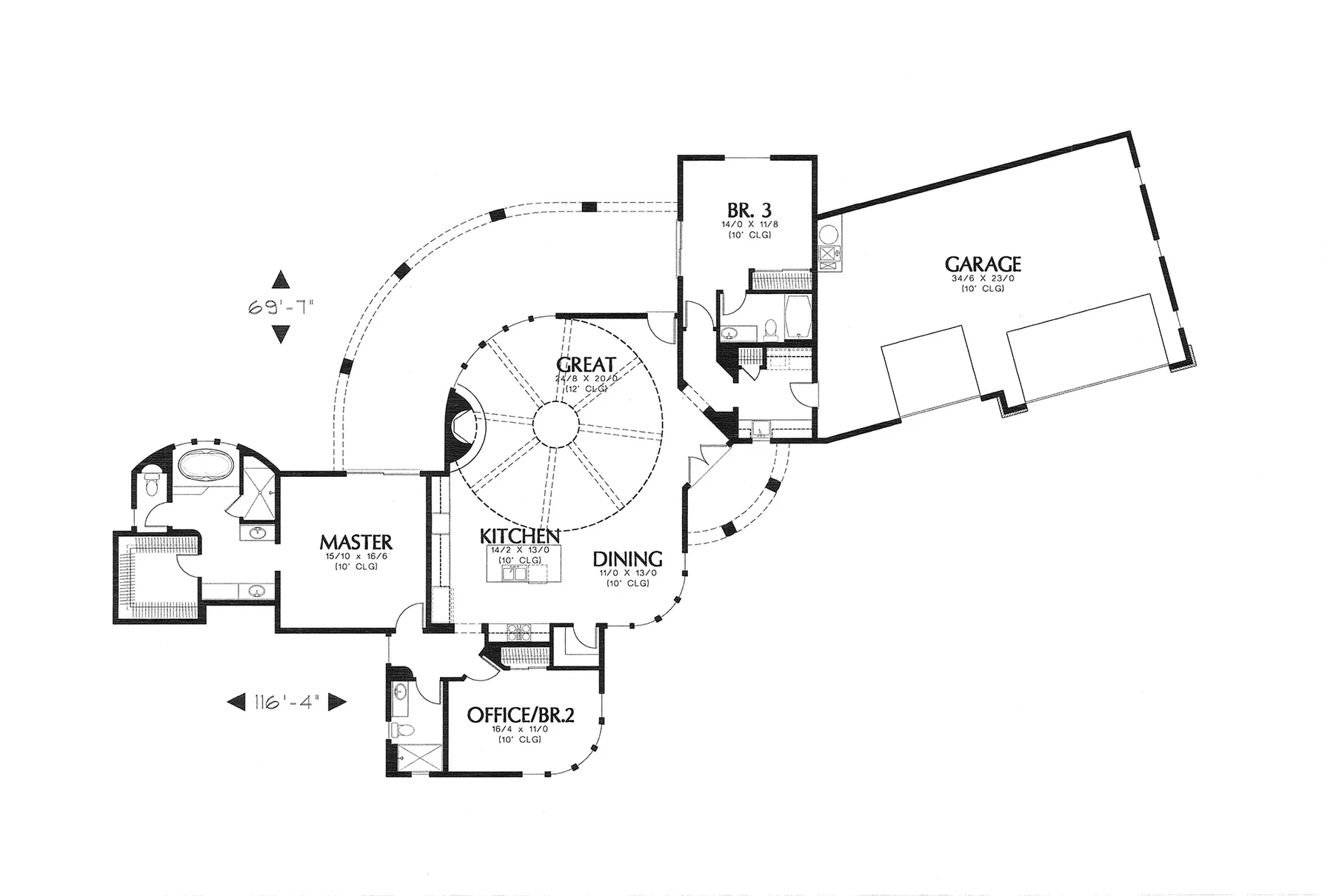 Wheel House floor plan with circular great room and curving breezeway