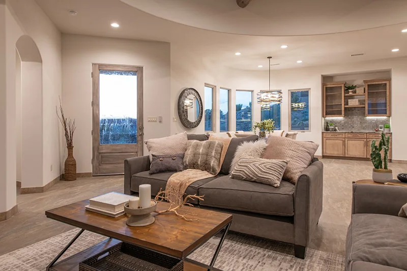 Living room seating oriented toward the view