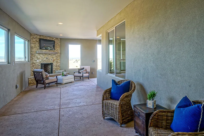 Outdoor gathering space and fireplace