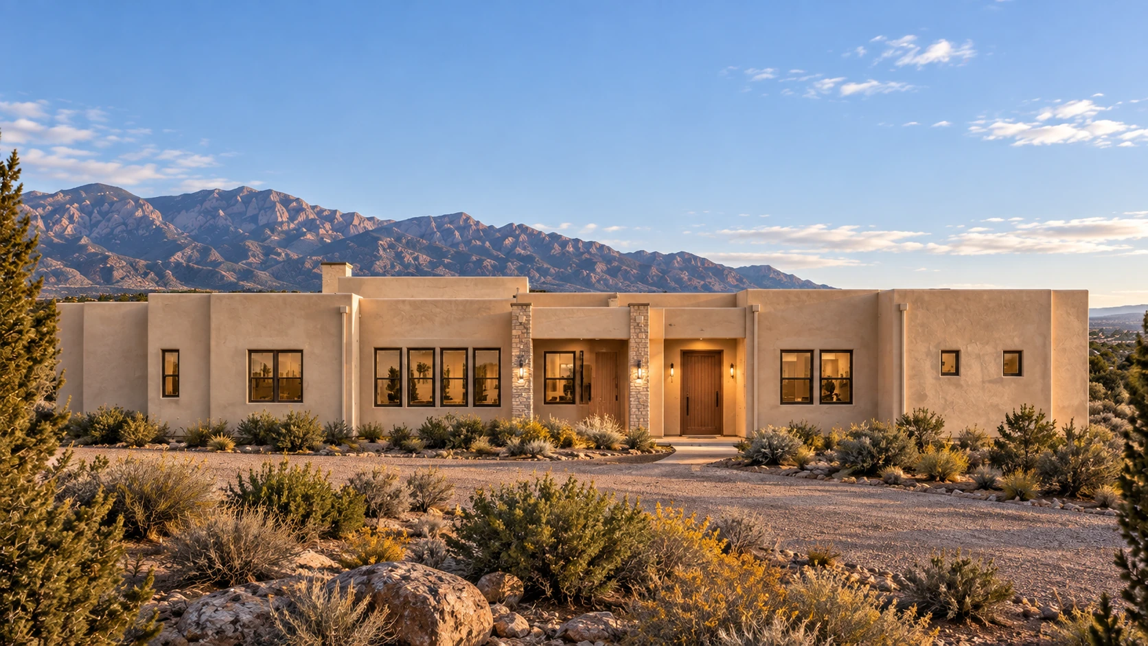 Architectural visualization of The Pinnacle's long low façade at sunset