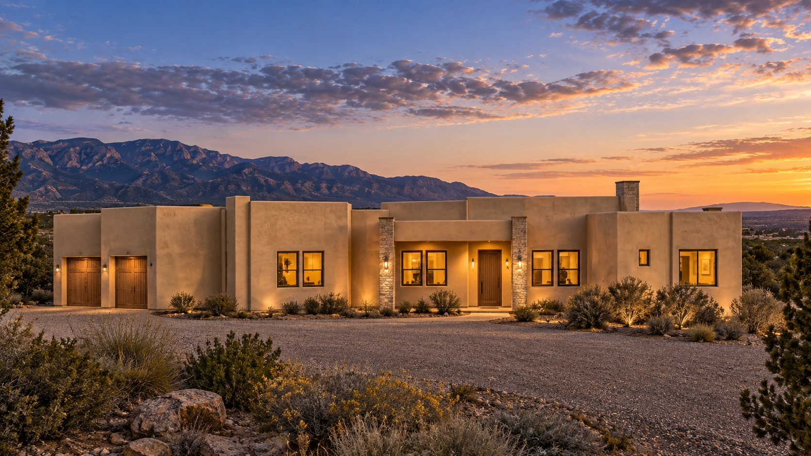 Architectural visualization of the Tiwa concept beneath the Sandia Mountains at sunset