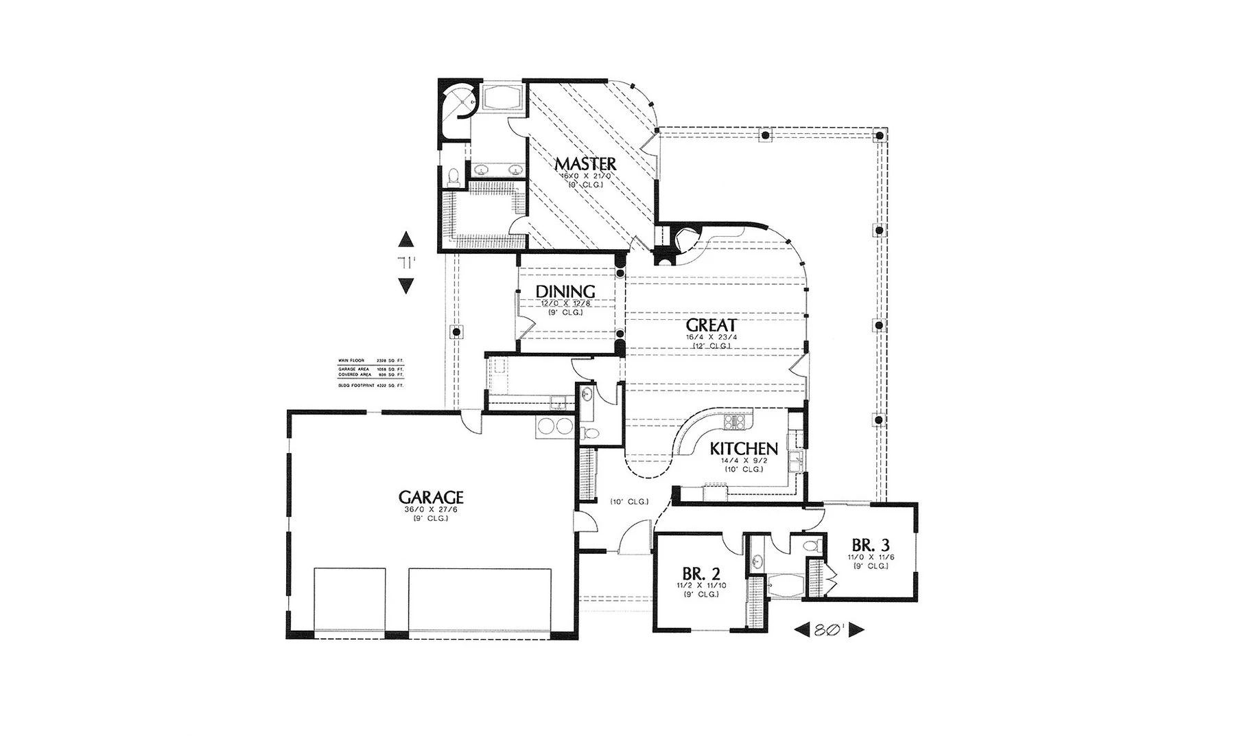 Misty Grand floor plan with curved gathering rooms and long covered edge