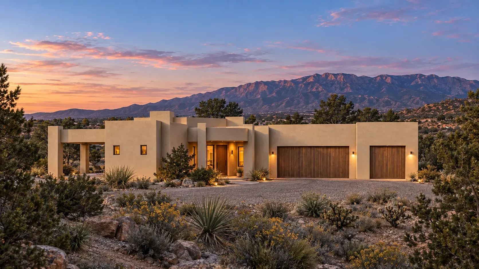 Dusk architectural visualization of Gem with stepped volumes and sheltered porch